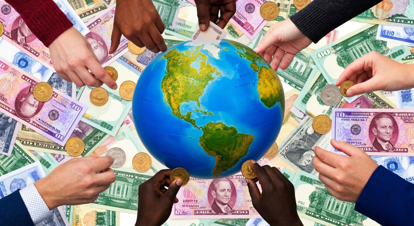 A vibrant globe surrounded by a colorful array of banknotes and coins from various countries, with people of diverse appearances exchanging them in a bustling marketplace.