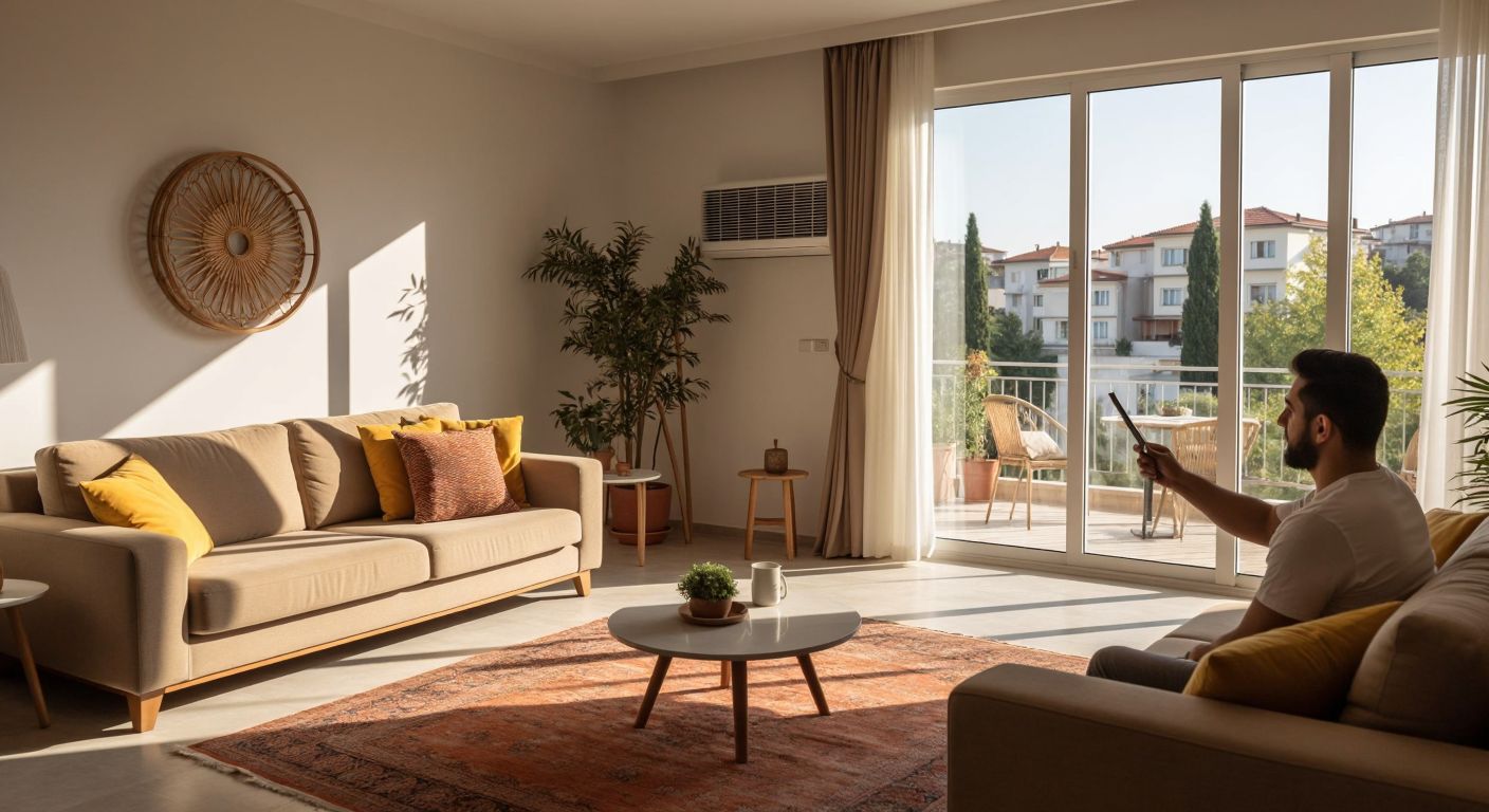 A modern air conditioner unit installed in a sunlit Turkish living room with a person measuring the room's dimensions using a tape measure.
