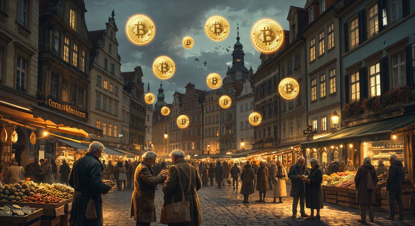 A futuristic European cityscape with glowing digital coins floating above a bustling marketplace where people exchange goods, while a few elderly vendors still handle traditional cash under the warm glow of streetlights.