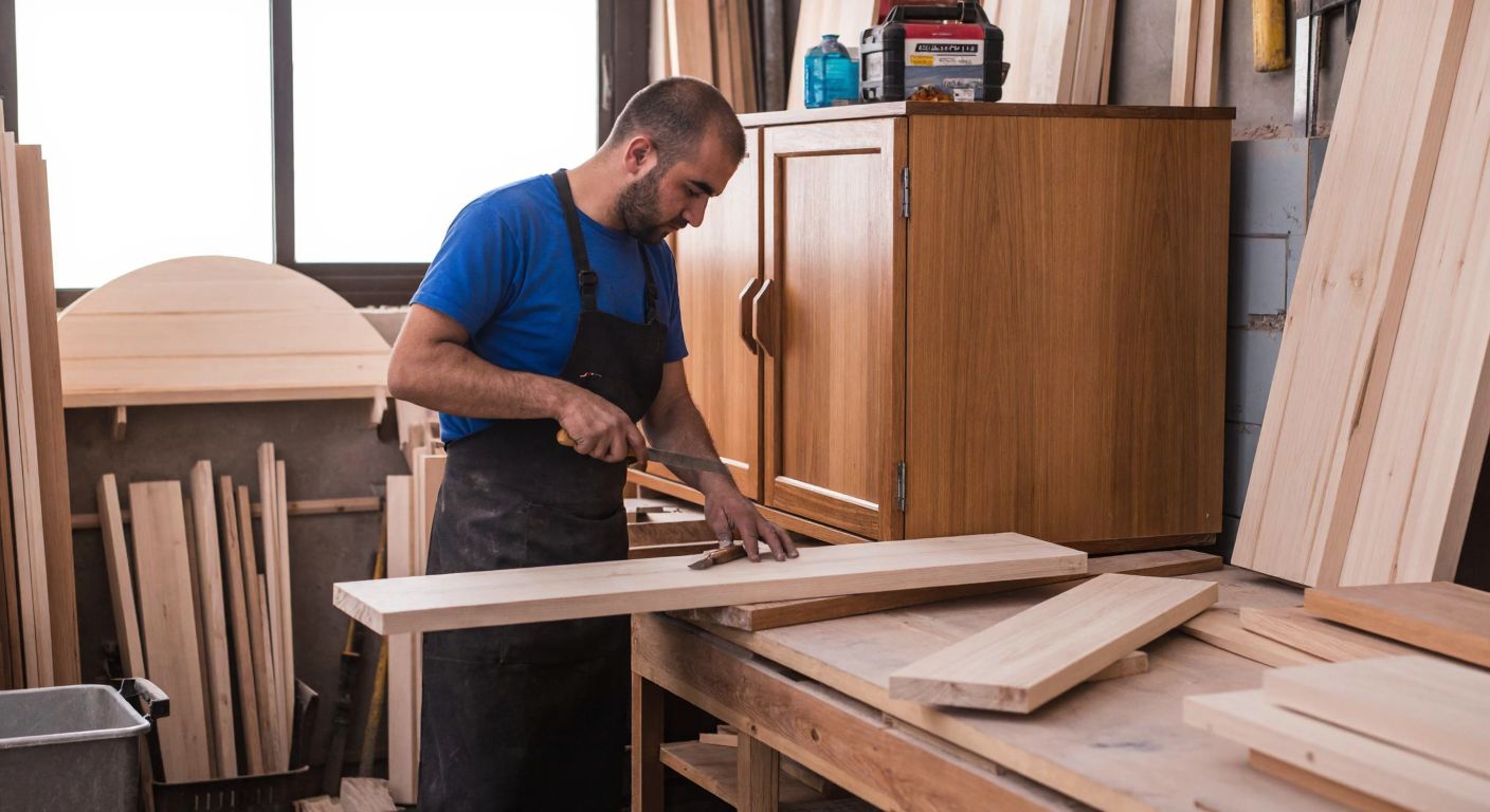 A skilled Turkish carpenter in a workshop, carefully crafting a wooden kitchen cabinet while surrounded by stacks of timber, tools, and half-finished furniture pieces.