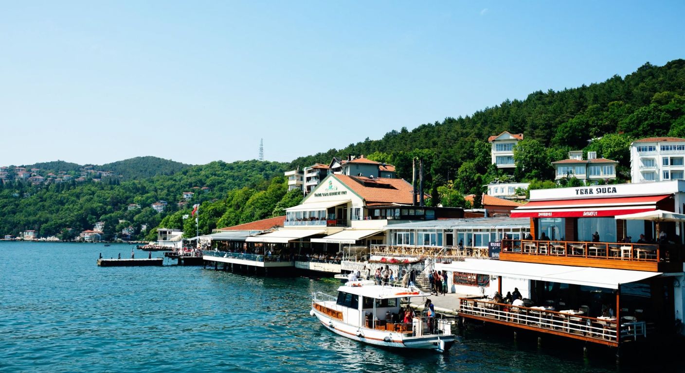A bustling waterfront in Tarabya with a cozy seafood restaurant overlooking the Bosphorus, and a serene therapy clinic nestled among green hills in Şile.