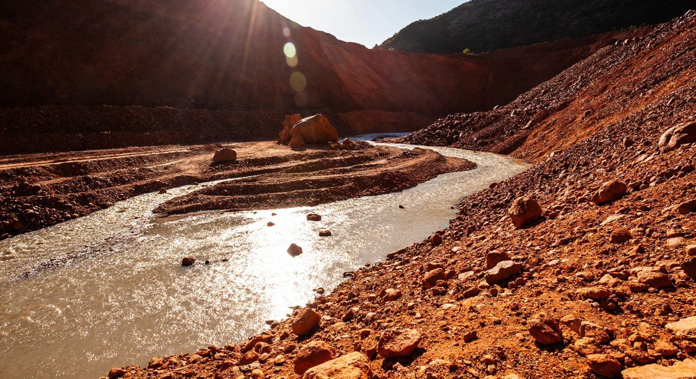 A rugged, sunlit mining landscape with rocky terrain and scattered metallic mercury droplets glistening under the sun, reflecting the global extraction sites mentioned.