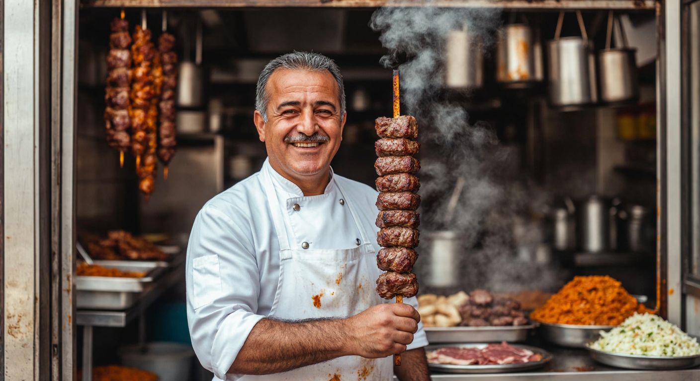 A middle-aged Turkish man with a warm smile, wearing a white chef's apron, stands proudly in front of a bustling döner shop, holding a freshly carved skewer of juicy meat, with steam rising and the aroma of spices filling the air.