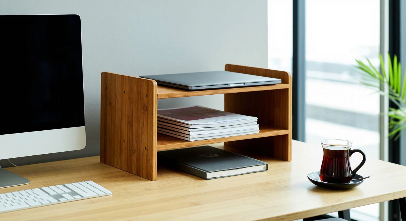 A sleek wooden office stand in a tidy workspace, holding neatly stacked files and a laptop at an ergonomic height, with a warm Turkish coffee cup placed beside it.
