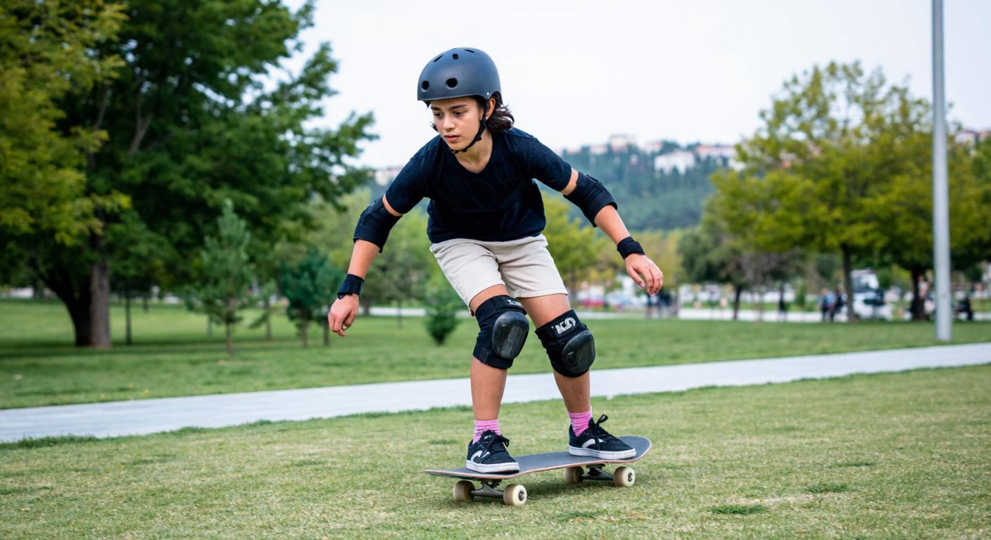 A young person wearing a helmet and knee pads practices balancing on a skateboard on a grassy park slope in Istanbul, their face focused with determination.
