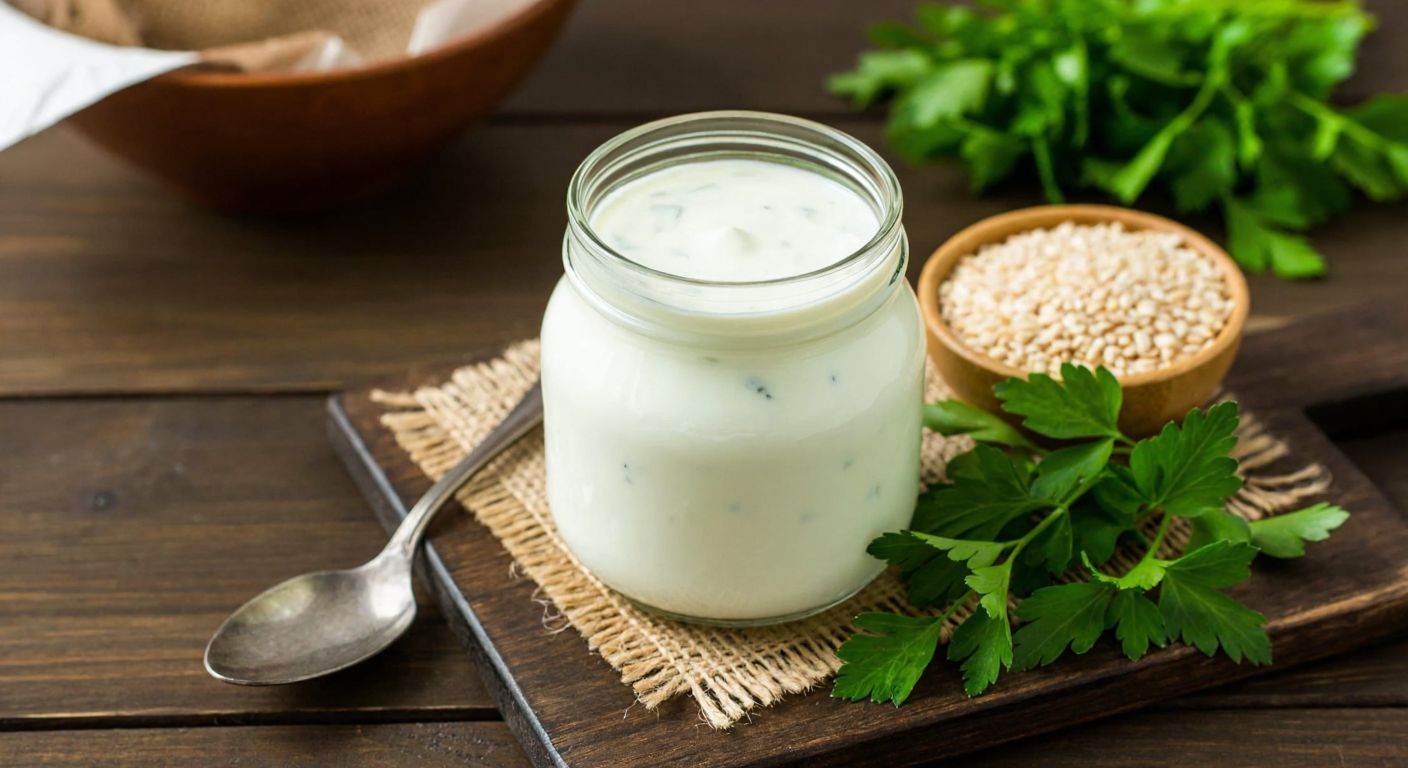 A rustic wooden table in a Turkish kitchen holds a glass jar of creamy white kefir with a spoon beside it, surrounded by fresh herbs and a small woven basket of organic grains.