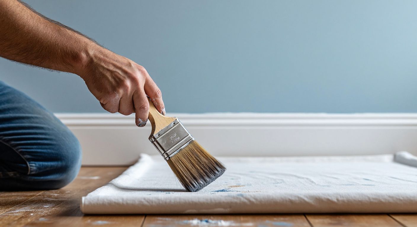 A close-up of a painter's hand skillfully guiding a short-bristled cutting-in brush along the crisp edge where a white ceiling meets a pale blue wall, with a drop cloth draped over wooden floorboards below.