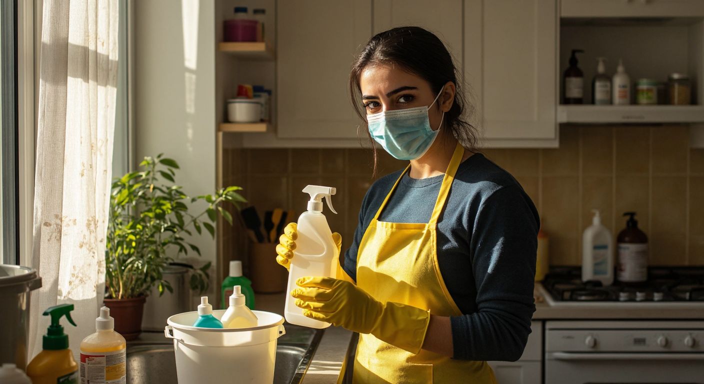 A Turkish woman wearing yellow rubber gloves and a protective mask carefully holds a bottle of bleach and a container of ammonia, standing in a sunlit kitchen with a bucket and cleaning supplies nearby, her expression focused and cautious.