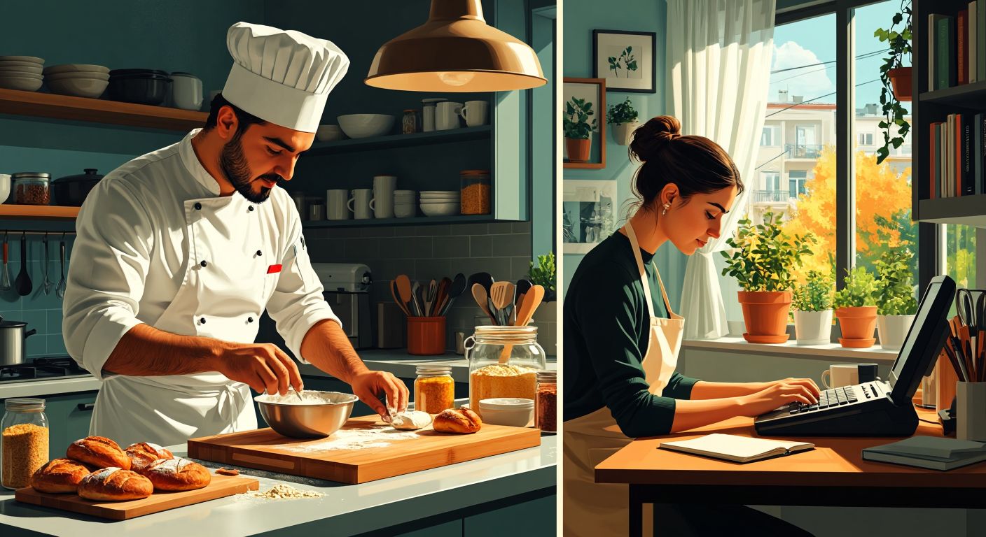 A Turkish chef measuring ingredients in a sunlit kitchen, a driver shifting gears in an automatic car, a student taking a language exam, and a writer typing at a desk—all depicted in a vibrant, split-panel illustration.