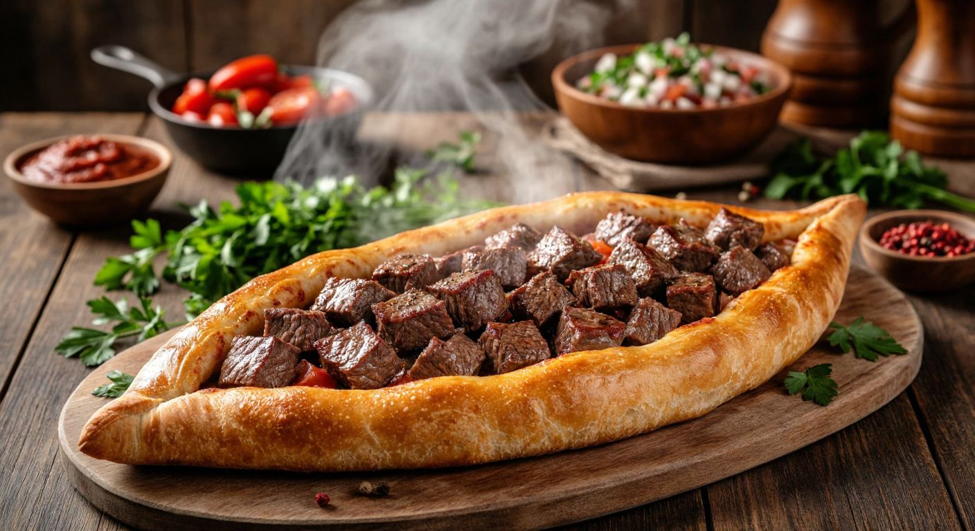 A golden-brown pide filled with juicy cubes of beef, freshly sliced and steaming on a wooden table, surrounded by fresh herbs and a rustic Turkish kitchen backdrop.