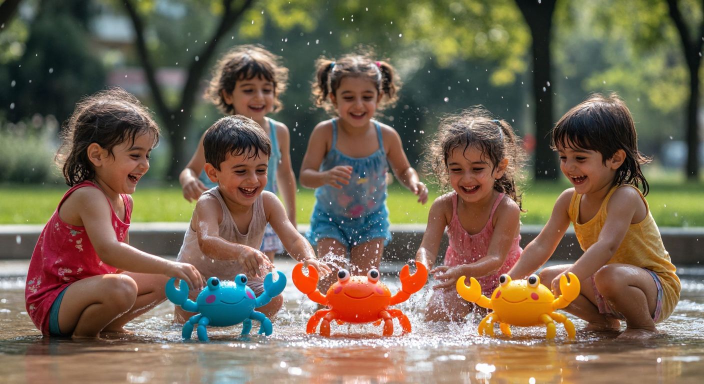 A group of smiling Turkish children playing together with colorful crab-shaped toys in a sunlit park, splashing water and laughing as they explore the toy's movements.