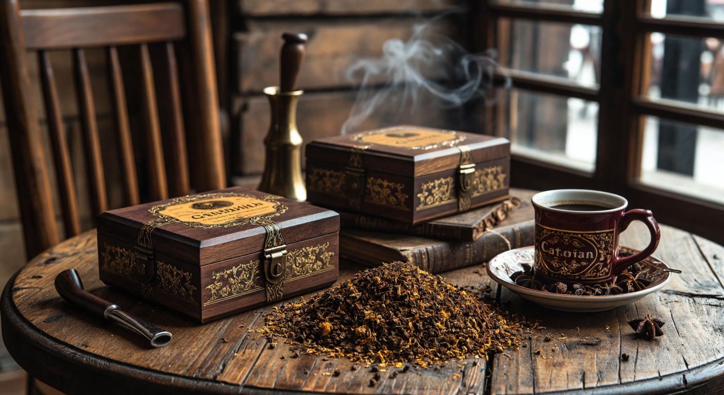 A rustic wooden table in a cozy Turkish café holds two distinct tobacco pouches—one labeled with earthy tones (Golden Virginia) and the other with a rich, dark blend (Captain Black)—surrounded by loose tobacco leaves, a traditional Turkish coffee cup, and a pipe, evoking warmth and contemplation.