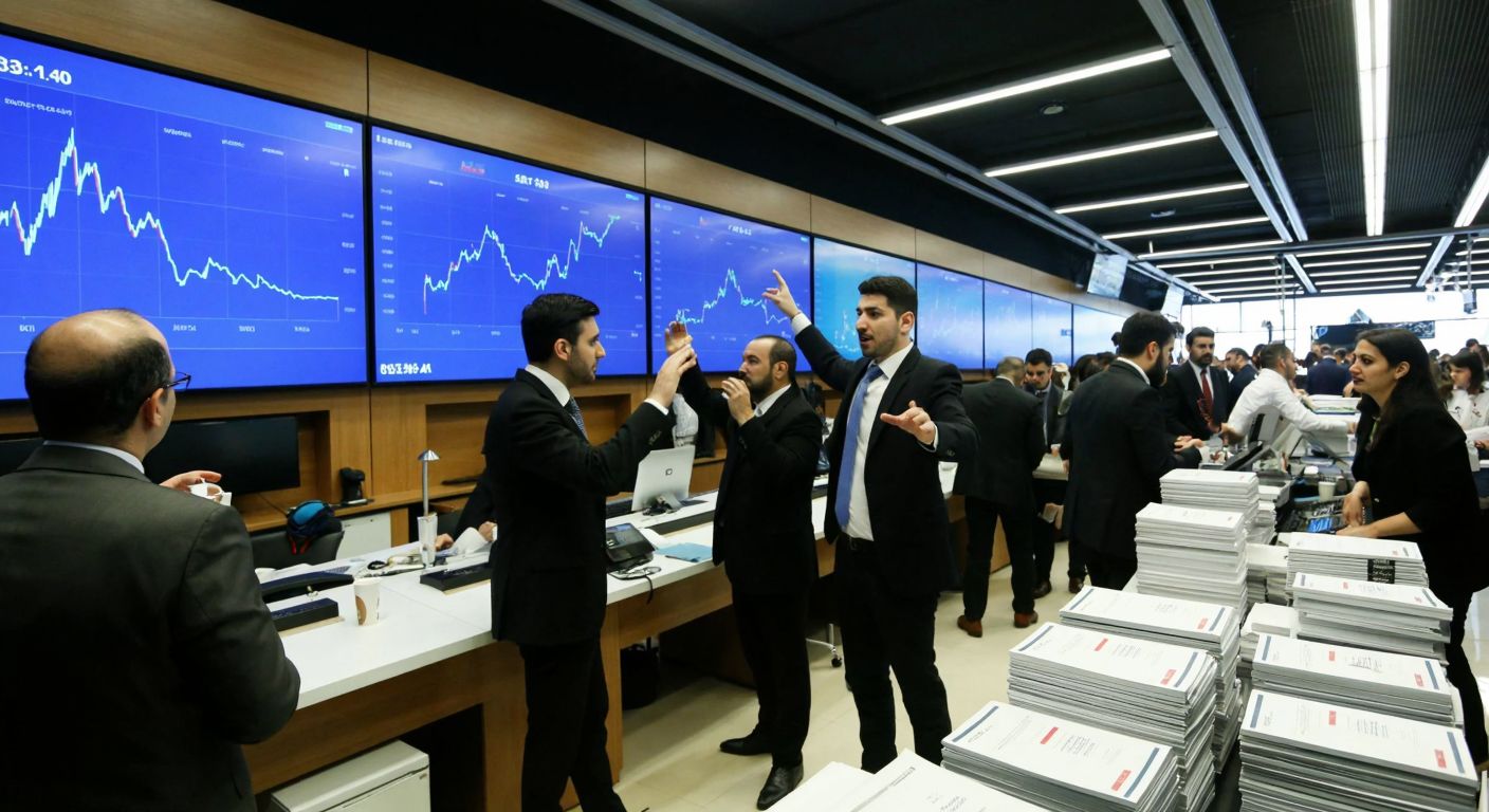 A bustling Istanbul stock exchange floor with traders in formal attire gesturing animatedly at large digital boards displaying fluctuating graphs, surrounded by stacks of financial documents and Turkish coffee cups.