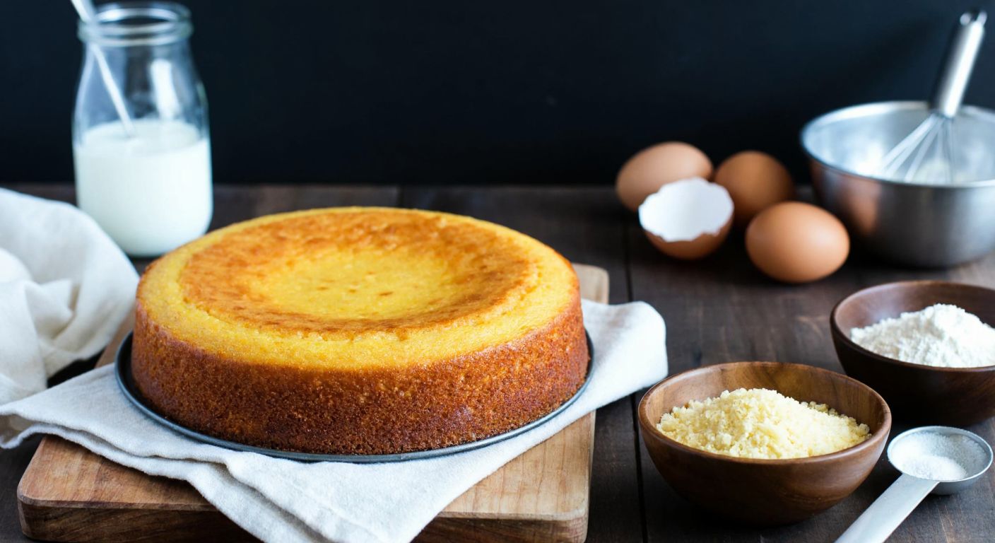 A warm, golden-brown cornmeal cake sits on a rustic wooden table in a Turkish kitchen, surrounded by scattered ingredients like eggs, yogurt, and a bowl of corn flour, with a mixing bowl and whisk nearby.