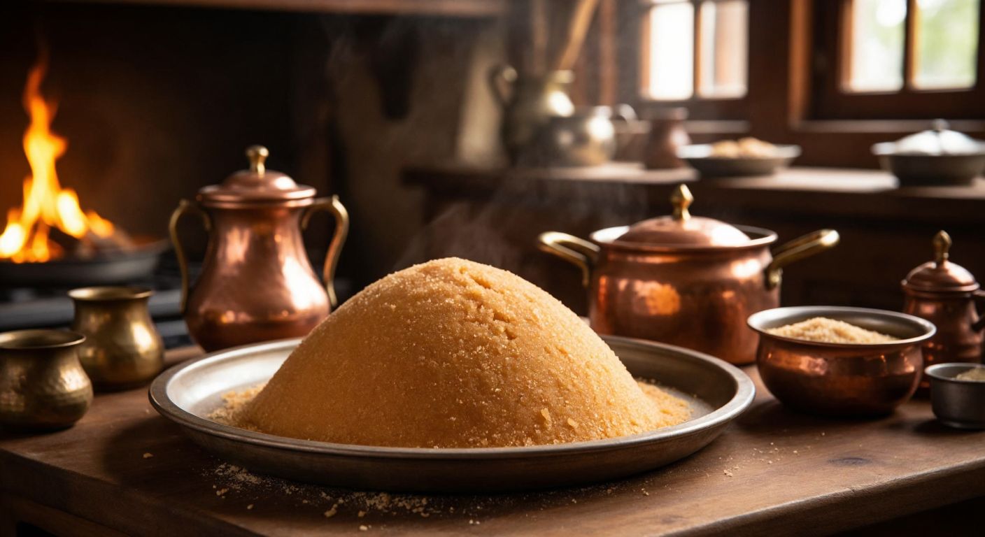 A golden-brown mound of *un helvası* sits on a rustic wooden tray in a cozy Turkish kitchen, surrounded by warm light and traditional copper cookware, evoking the culinary heritage of Kütahya and Uşak.