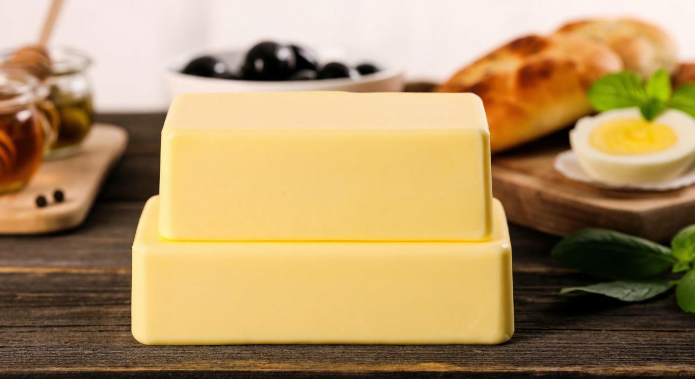 A neatly stacked trio of golden-yellow Pınar butter blocks on a rustic wooden table, with a traditional Turkish breakfast spread of fresh bread, olives, and honey in the background.