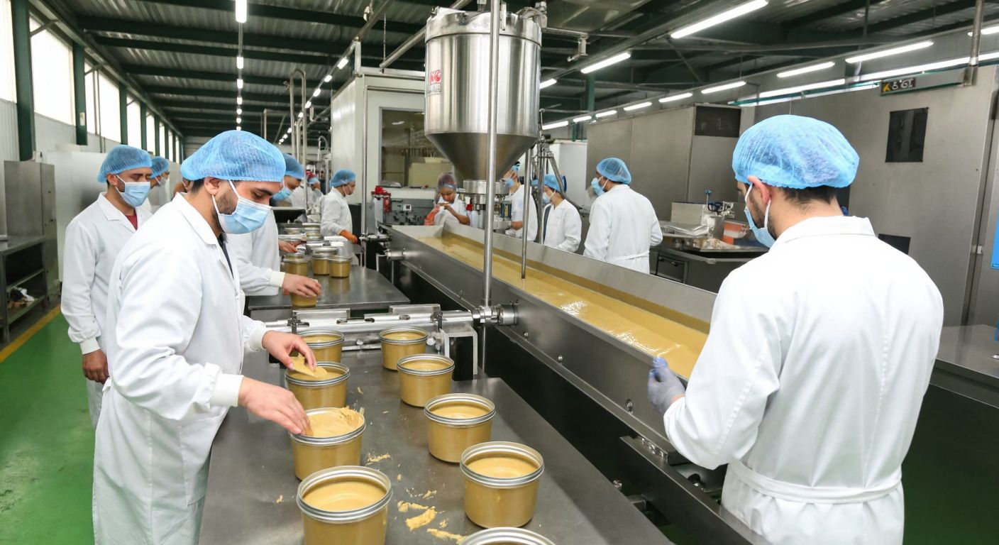 A bustling Turkish factory in Konya with workers in hairnets and white coats carefully pouring golden tahini into jars, while another section shows industrial machinery in Balıkesir crafting large metal conveyor screws.