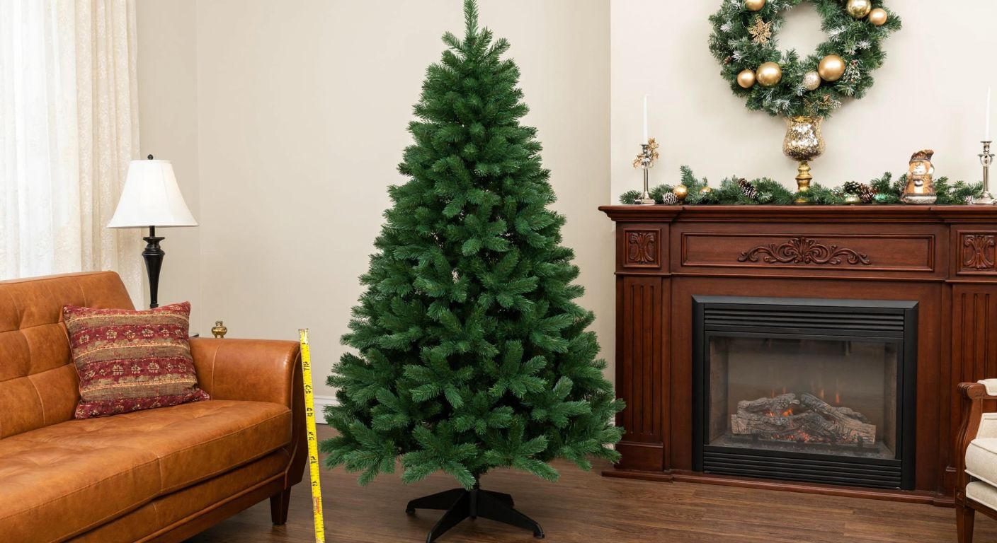 A tall, lush green Christmas tree standing in a cozy Turkish living room, surrounded by festive decorations and casting warm reflections on wooden furniture, with a tape measure lying nearby to indicate sizing.