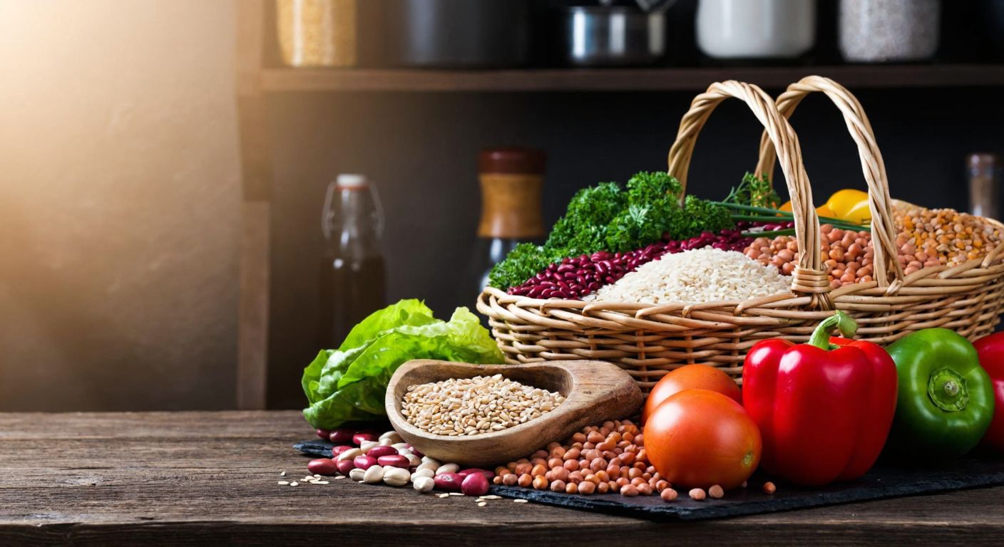 A rustic wooden table in a Turkish kitchen holds a woven basket overflowing with fresh whole grains, legumes, and colorful vegetables, symbolizing dietary fiber.