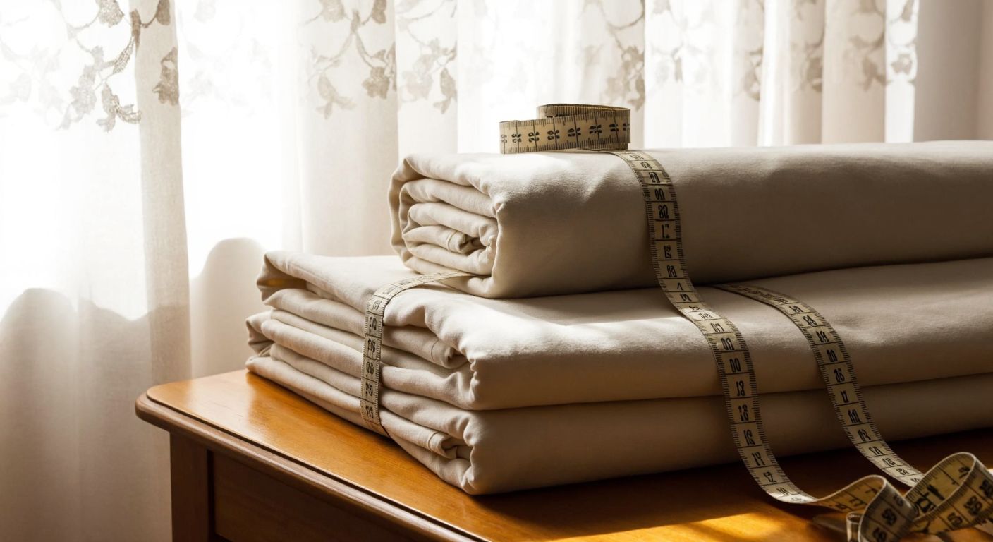 A neatly folded stack of cream-colored fabric rolls with a measuring tape draped over them, placed on a wooden table in a sunlit Turkish home with lace curtains in the background.