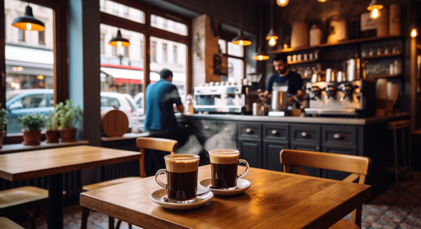 A cozy Istanbul café with warm wooden tables, steaming cups of Turkish coffee, and a bustling open kitchen where baristas roast fresh coffee beans in the background.