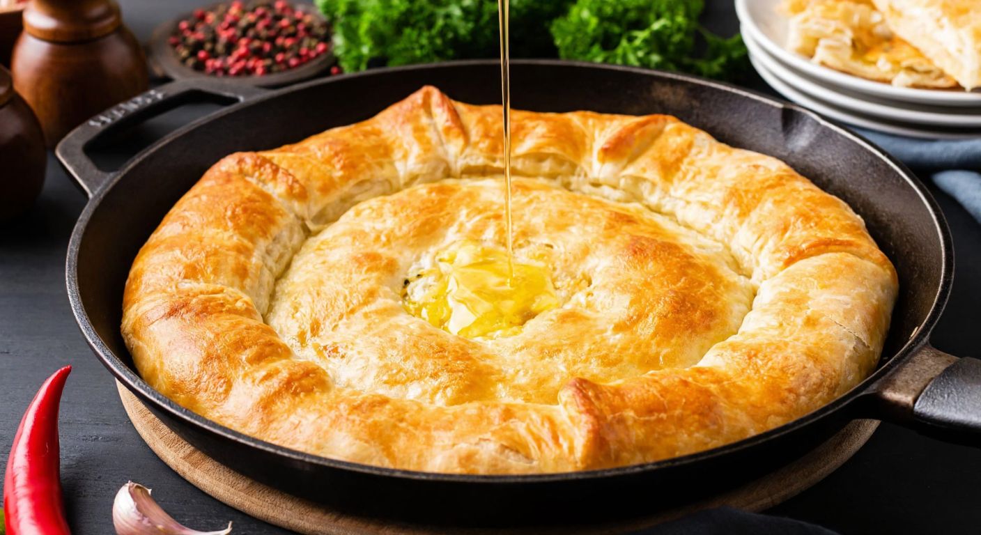 A golden, flaky börek sizzling in a cast-iron pan with a drizzle of liquid oil and melted butter, surrounded by fresh herbs and a rustic Turkish kitchen backdrop.