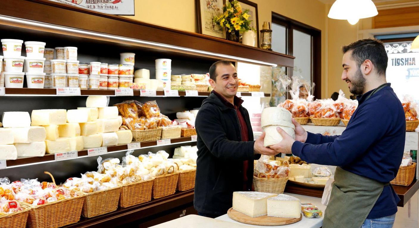 A bustling Turkish deli in Yalova with shelves stacked with Akdeniz Toros dairy products, a shopkeeper handing a wrapped cheese to a smiling customer, and a warm, inviting atmosphere.