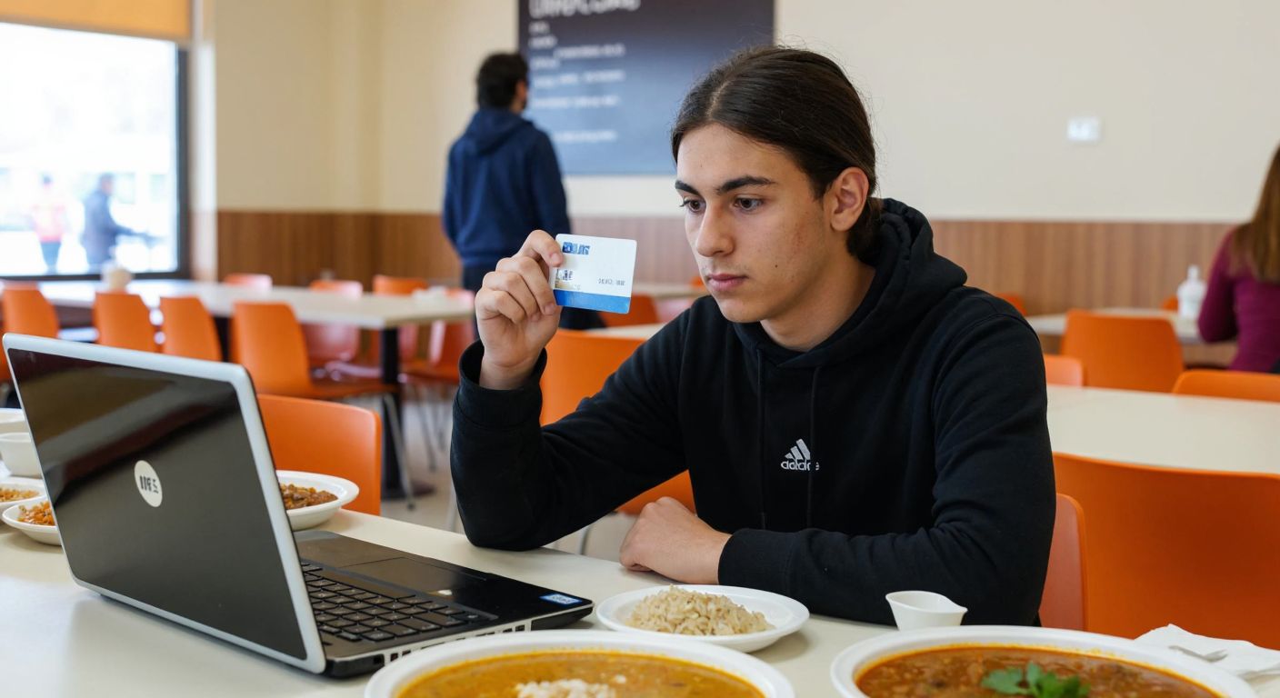 A young student in a university cafeteria in Ordu, Turkey, holding a student ID card while looking at a laptop screen with a focused expression, surrounded by trays of traditional Turkish dishes like lentil soup and rice.