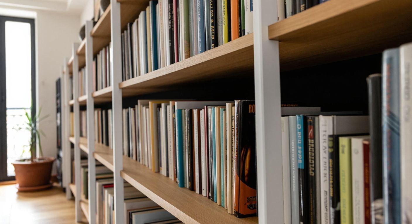 A sturdy white L-shaped metal bracket firmly supports a wooden shelf filled with neatly arranged books in a Turkish home library.