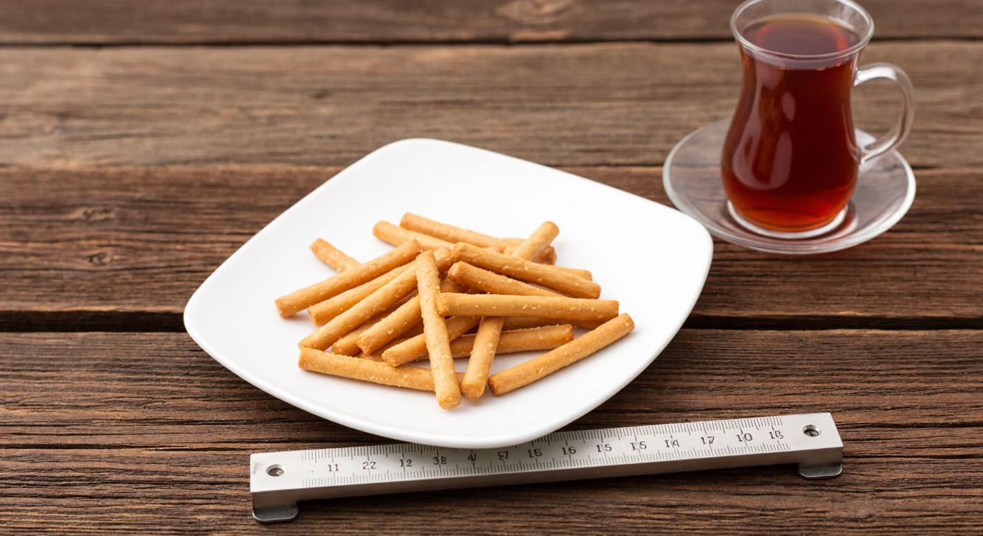 A small pile of golden-brown Eti Crax stick crackers neatly arranged on a rustic wooden table, with a measuring scale beside them and a warm Turkish tea glass in the background.