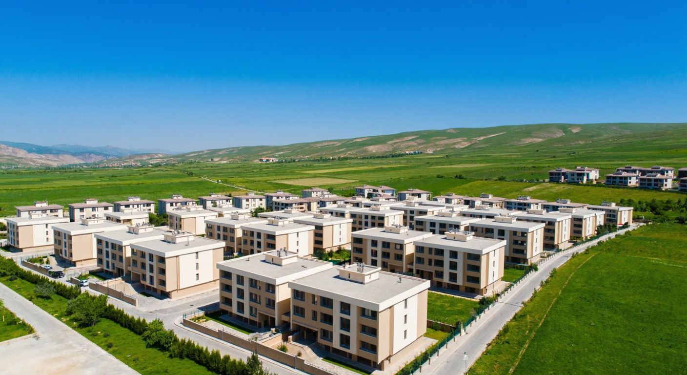 Aerial view of a modern housing complex in Malatya's Arapgir district, with neatly arranged beige apartment buildings under a clear blue sky, surrounded by rolling green hills.