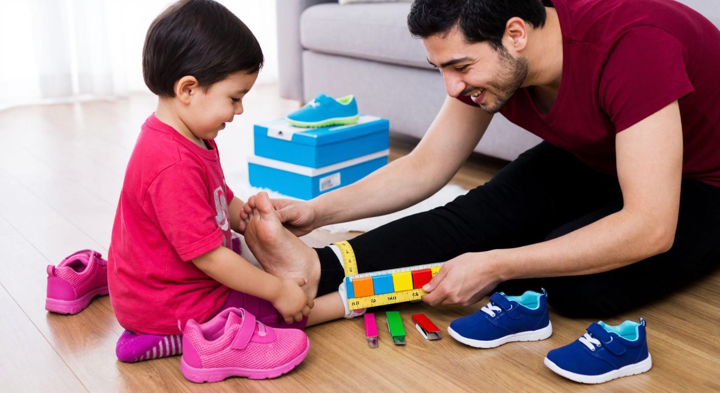 A smiling Turkish parent measuring a child’s foot with a colorful ruler while vibrant children’s sneakers of various sizes are neatly arranged on a wooden floor nearby.
