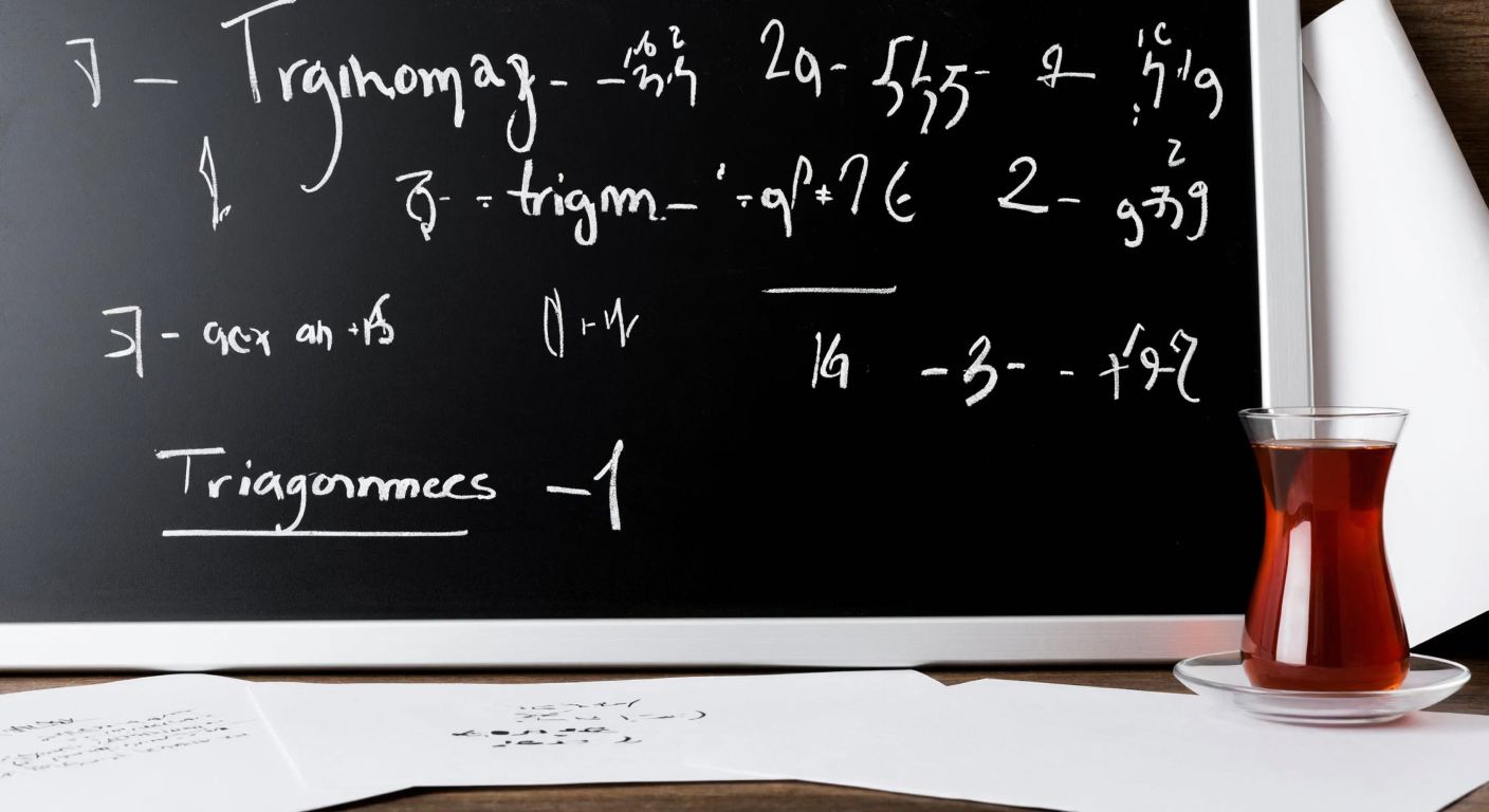 A chalkboard covered with neatly written trigonometric equations, surrounded by scattered papers and a steaming cup of Turkish tea, evoking a focused study session.