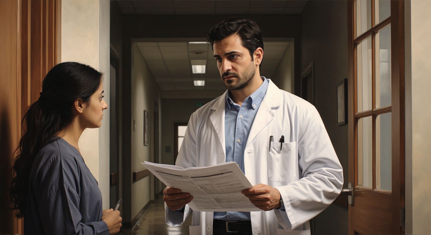 A focused Turkish doctor in a white coat points to the top corner of a printed medical report held by a patient in a bright hospital corridor.