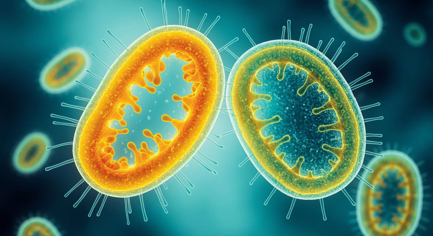 A vibrant, magnified cross-section of two adjacent cells—one prokaryotic with a thick peptidoglycan wall and tiny pili, the other eukaryotic (plant) with a rigid cellulose wall—floating in a soft blue background, their distinct structures highlighted in warm yellows and greens.