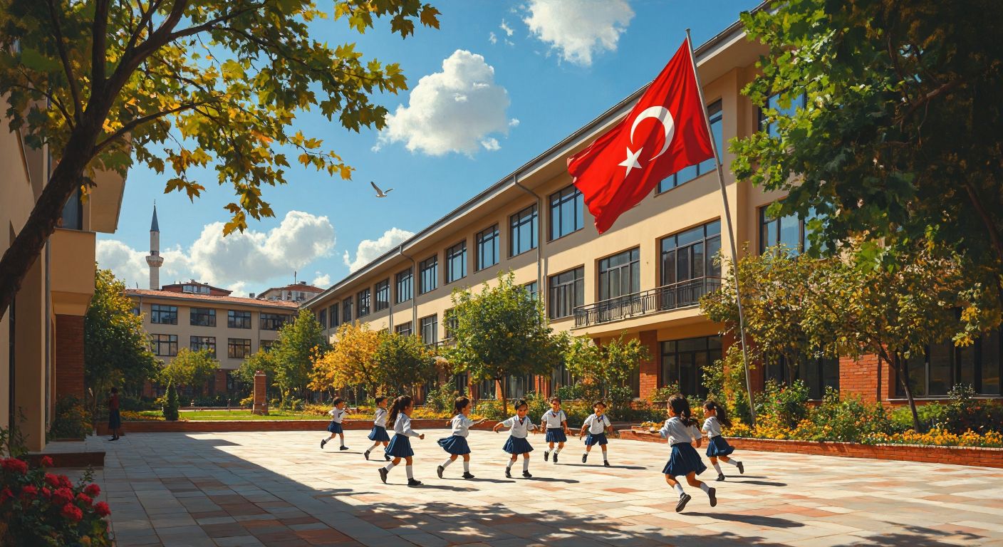 A sunlit modern school building in Istanbul with cheerful children in uniforms playing in the courtyard, surrounded by vibrant greenery and a Turkish flag gently waving in the background.