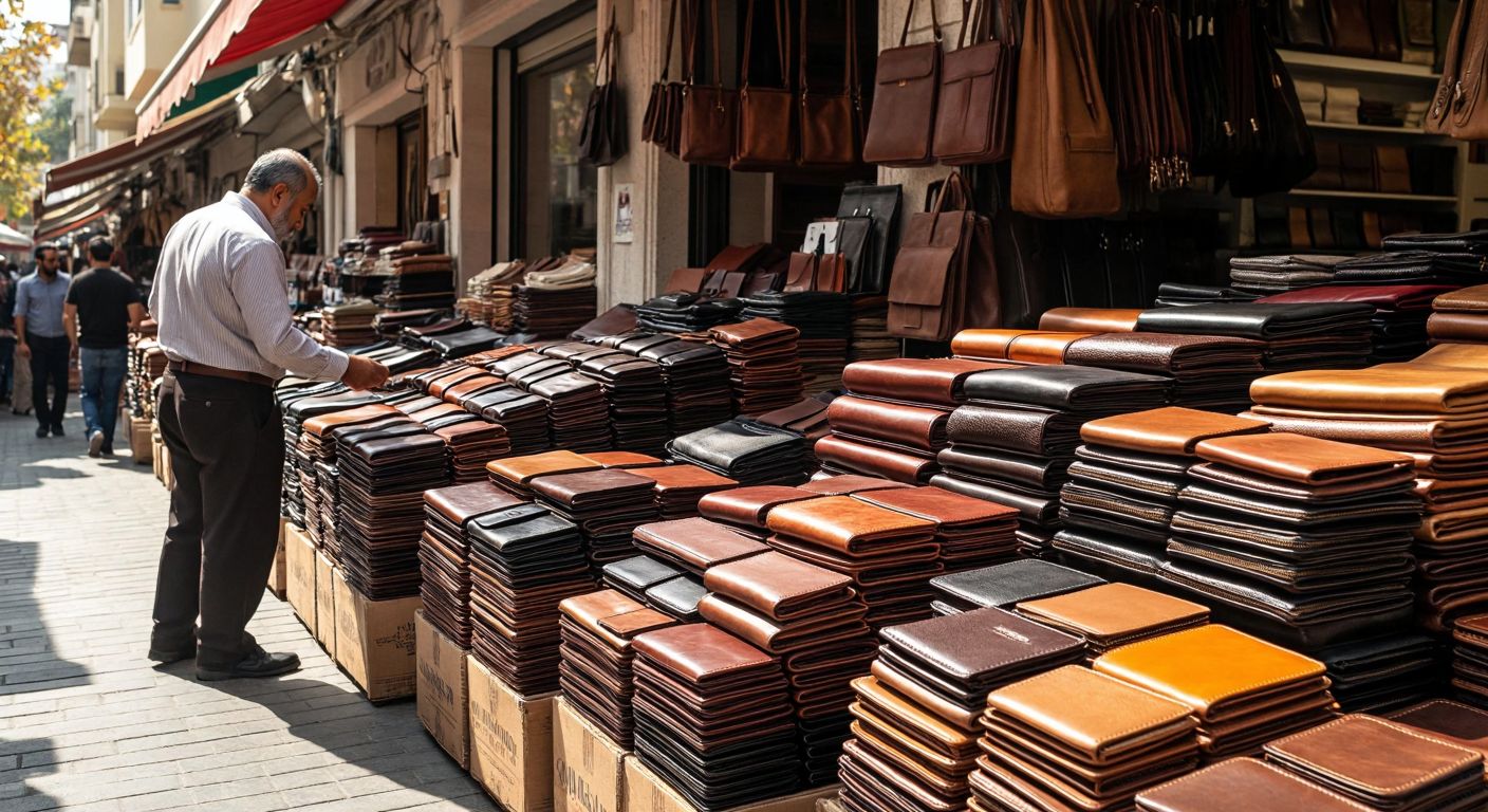 A bustling Turkish leather market with neatly arranged stacks of high-quality wallets in various colors and styles, while a merchant confidently negotiates with a supplier under warm sunlight.