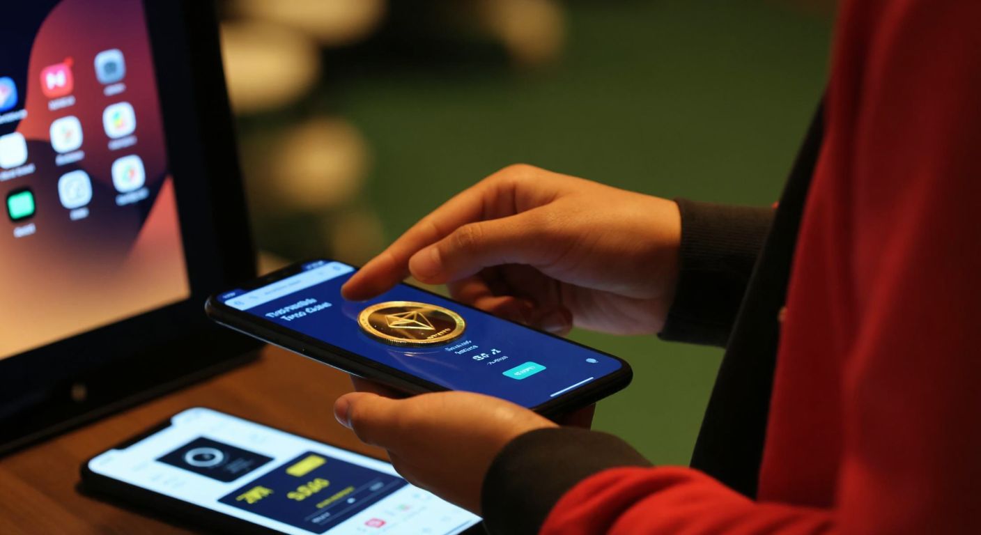 A person in Turkey intently taps on a smartphone screen with a digital wallet interface open, while a glowing coin symbolizing TRX hovers between their device and another phone in the background.