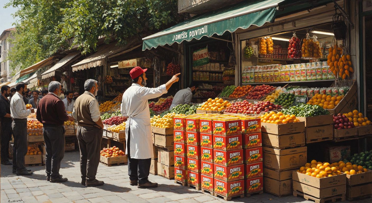 A bustling Turkish marketplace with crates of Dimes juice boxes stacked high, a vendor in a white apron gesturing toward them, and customers examining the products under a bright awning.