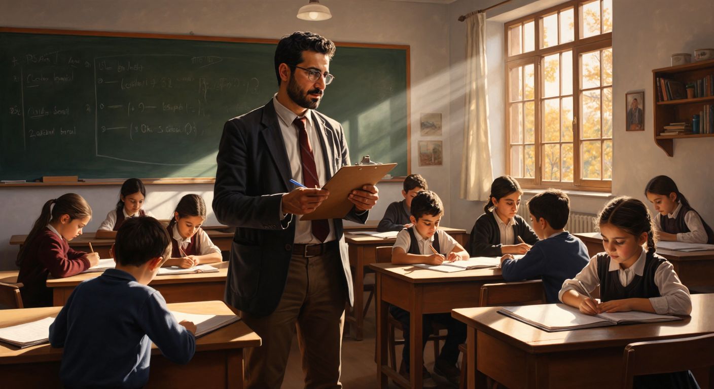 A Turkish teacher in a sunlit classroom holds a clipboard while observing students working diligently at wooden desks, with a chalkboard in the background displaying faint chalk marks from erased lessons.