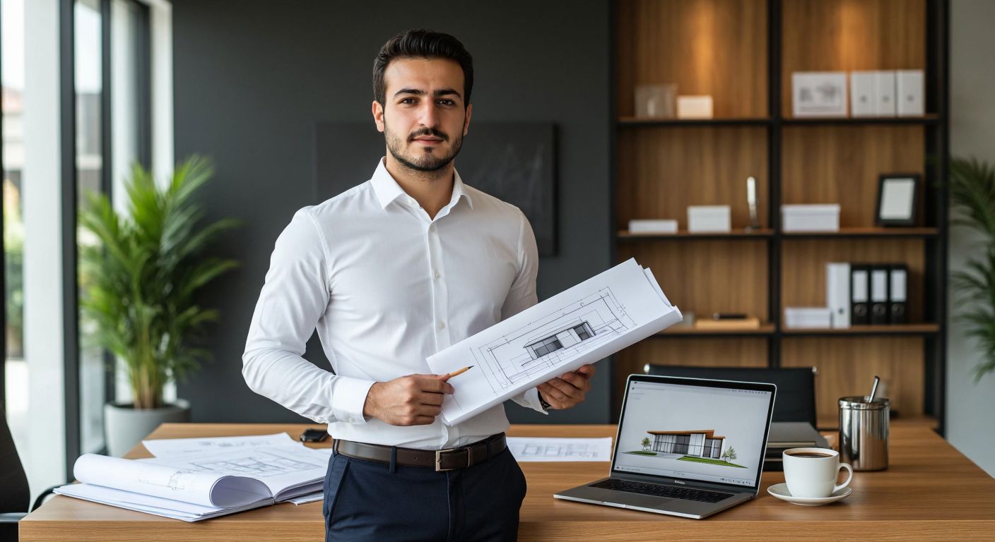A determined Turkish architect in a crisp white shirt and dark trousers stands confidently in a modern office, holding a blueprint in one hand and a sleek laptop displaying a 3D architectural model in the other, surrounded by a neatly organized portfolio, a LEED certification plaque, and a steaming cup of Turkish coffee on a wooden desk.