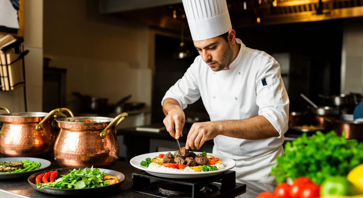 A focused Turkish chef in a bustling kitchen, wearing a white apron and a tall toque, carefully garnishing a steaming plate of kebabs with vibrant herbs and colorful spices, surrounded by fresh ingredients and gleaming copper pots.
