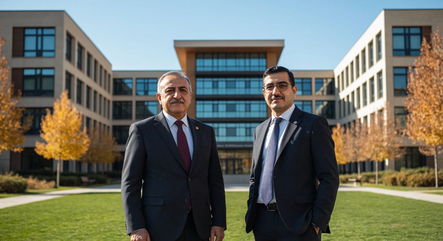 A dignified older Turkish man in a suit, standing proudly in front of Bilkent University's modern campus, with a younger man resembling him nearby, symbolizing legacy and leadership.