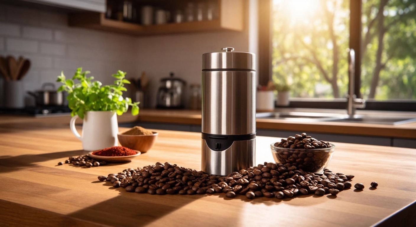 A sleek, stainless steel coffee and spice grinder sits on a wooden kitchen counter in a sunlit Turkish home, surrounded by fresh coffee beans and aromatic spices like cardamom and cumin.