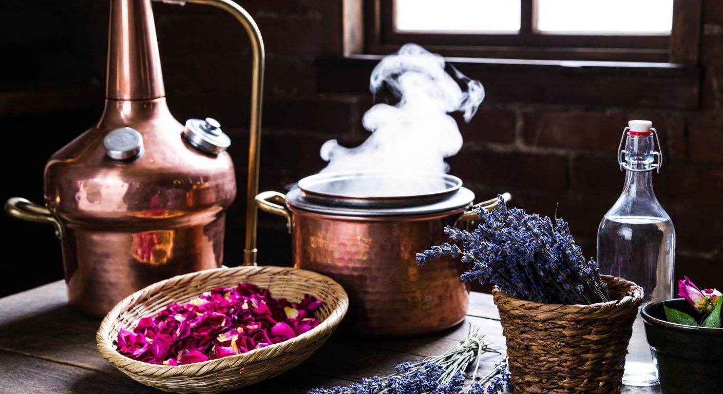 A rustic Turkish kitchen with a copper distillation setup, fresh lavender and rose petals in a woven basket, steam rising from a simmering pot, and a clear glass bottle collecting fragrant hydrosol.