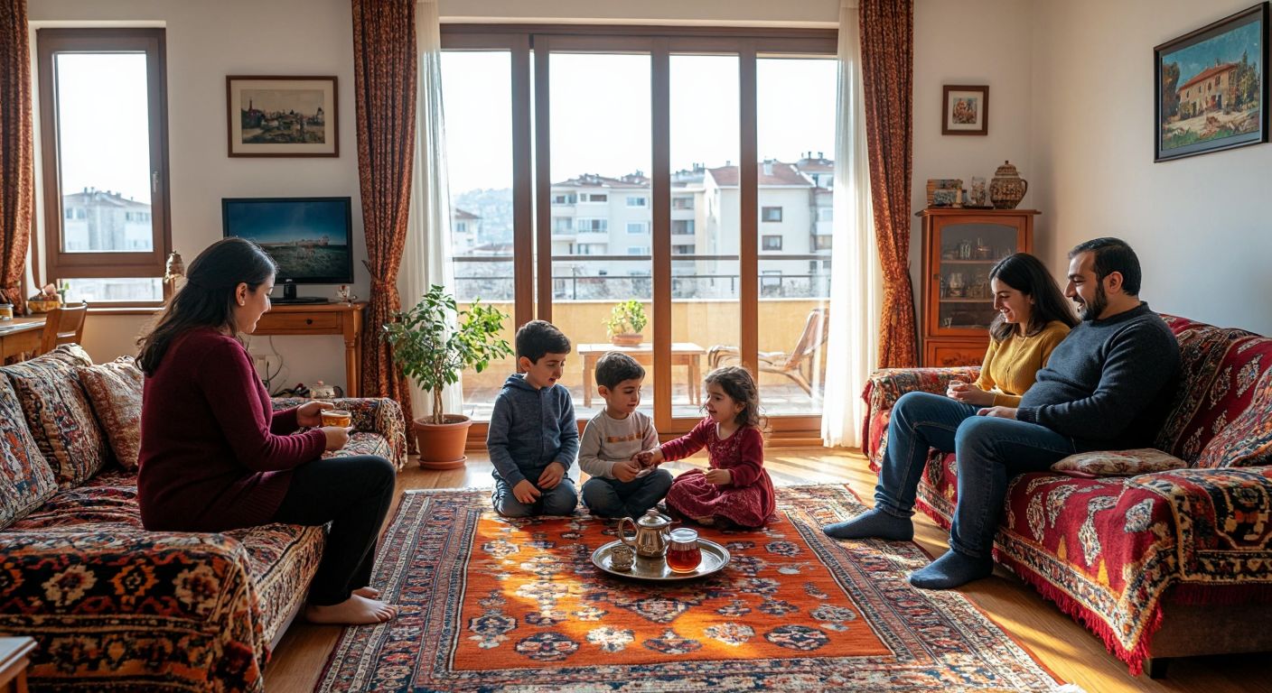 A warm Turkish family gathers in a spacious 3+1 apartment, with children playing in three separate bedrooms while parents relax in a cozy living room adorned with traditional kilim rugs and a tray of çay.
