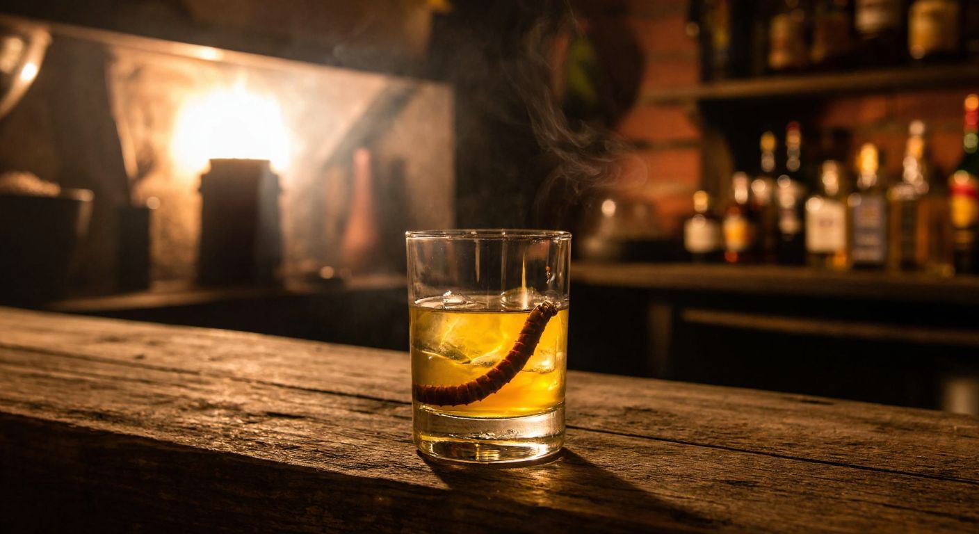 A rustic wooden table in a dimly lit Mexican cantina holds a glass of golden tequila with a worm at the bottom, surrounded by a warm glow and a hint of vanilla aroma in the air.