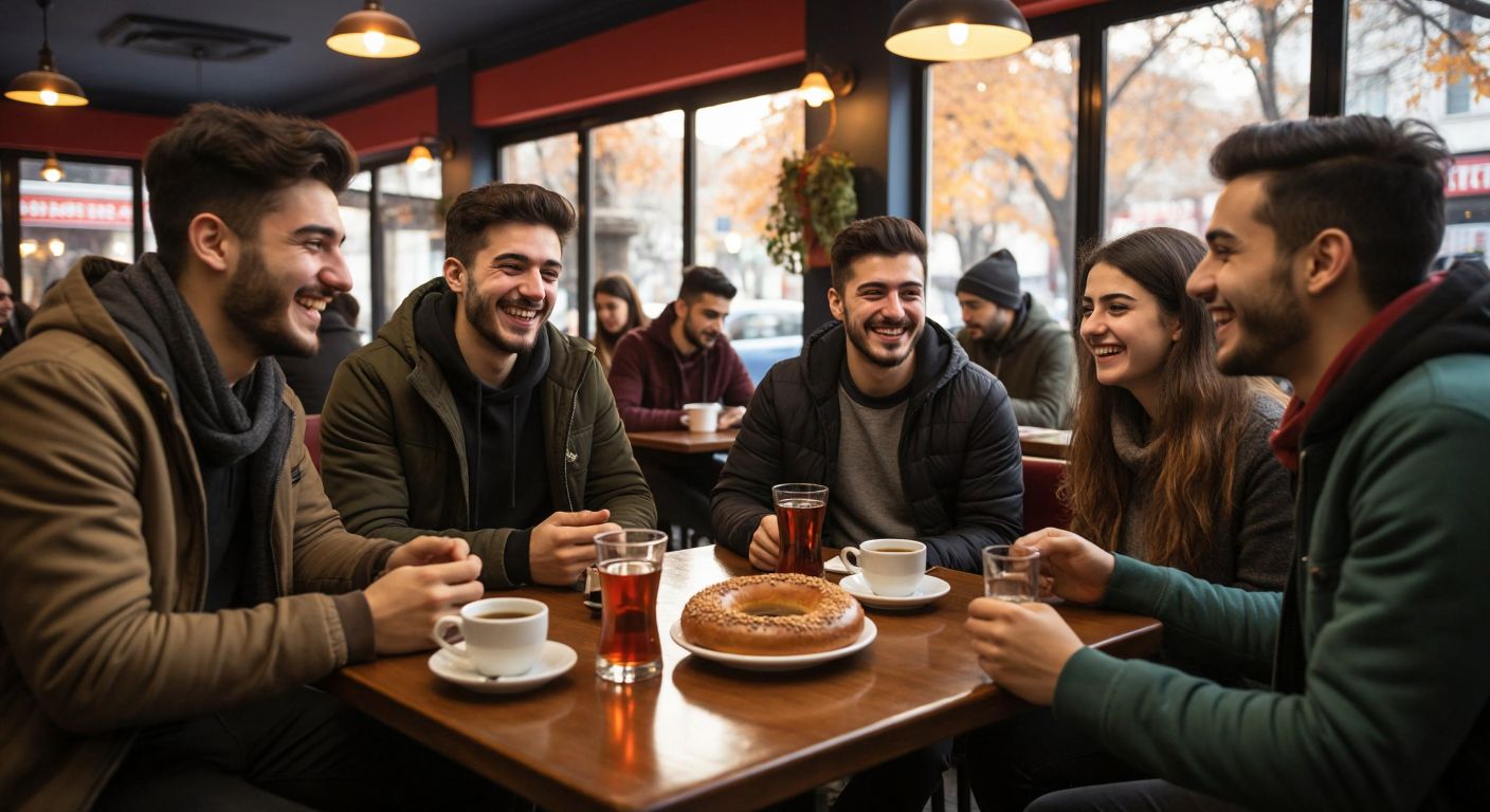 A group of diverse young adults in Ankara, smiling and chatting animatedly in a cozy café with traditional Turkish tea and simit on the table, their phones subtly placed nearby.