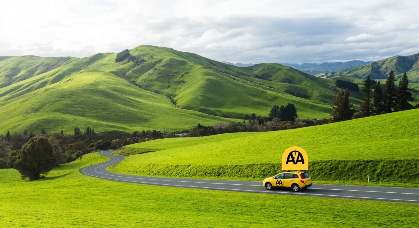 A serene New Zealand landscape with rolling green hills, a winding road, and a small car with the AA logo, symbolizing trust and insurance coverage.
