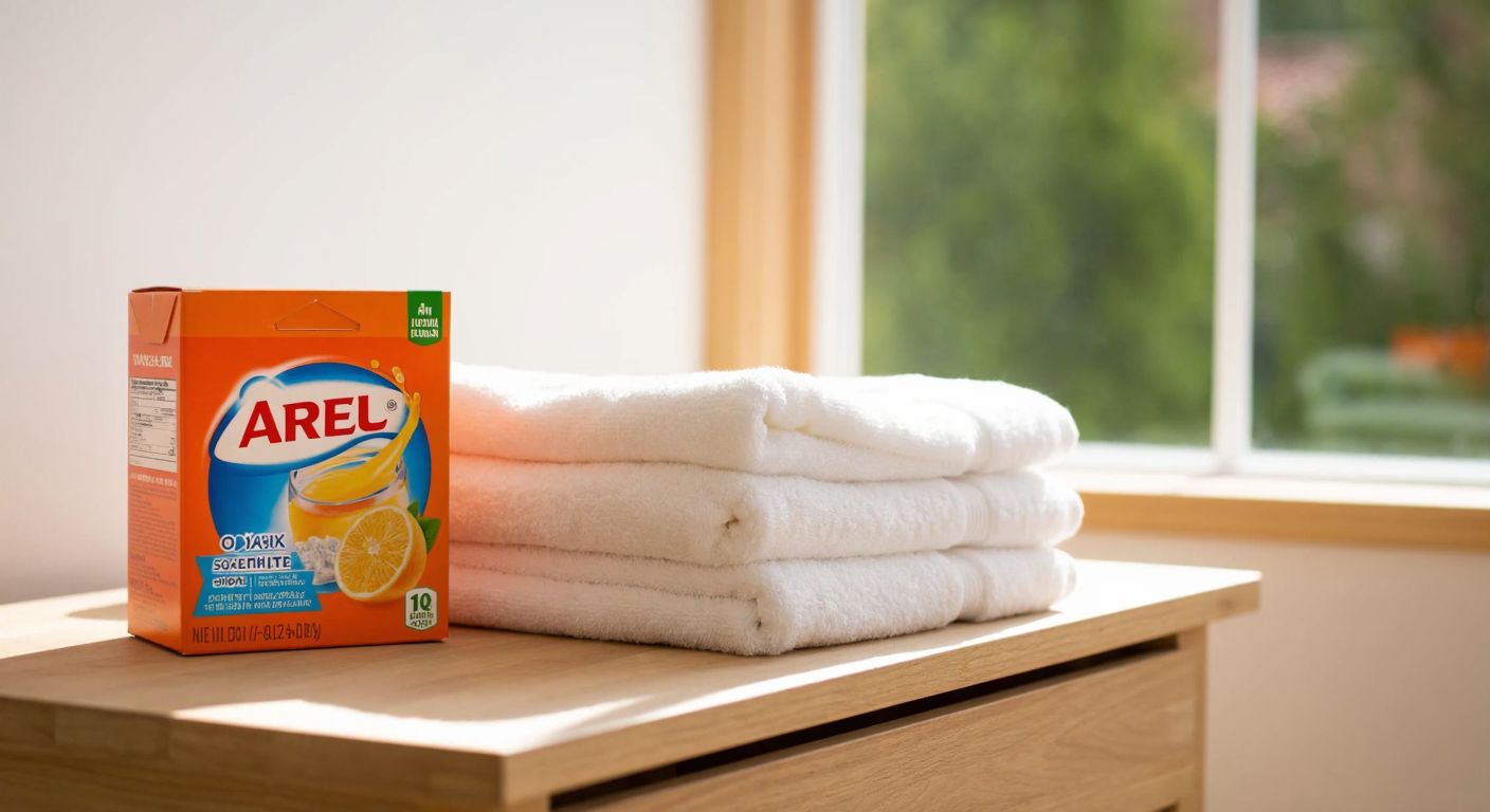 A bright orange box of Ariel Oxi detergent sits on a wooden laundry table next to a neatly folded stack of clean white towels, with a warm Turkish sunlight streaming through a nearby window.